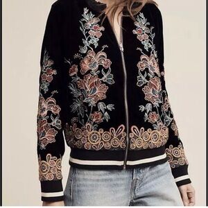 NWT Anthropologie Elevenses Black Bomber Jacket with Floral Embroidery